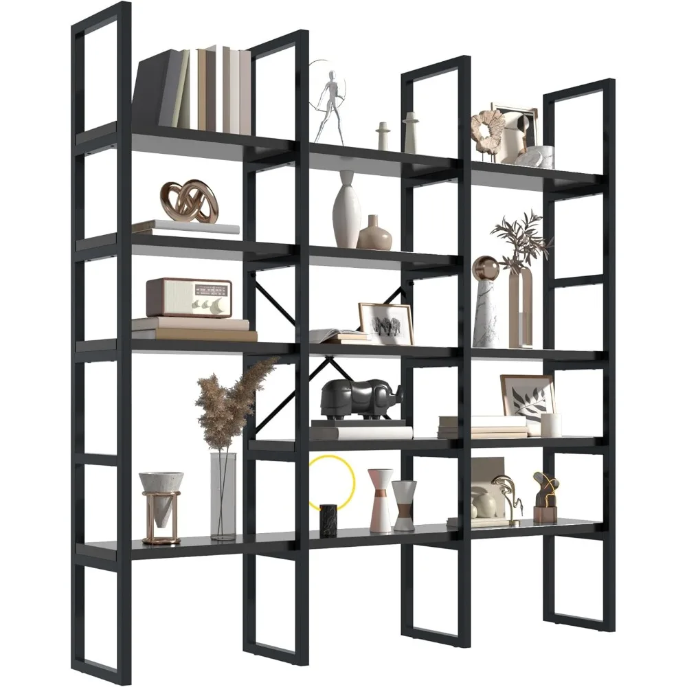 

Large Bookshelf 5 Tiers, Triple Wide Geometric Bookcase, 71 Inches Tall Industrial Book Shelves Etagere Book Case, Stur