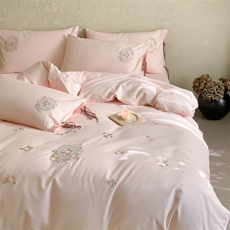 Pink Rose Flowers Embroidery Luxury Princess Bedding Set 100% Cotton Brushed Duvet Cover Flat/Fitted Bed Sheet Pillowcase 4Pcs