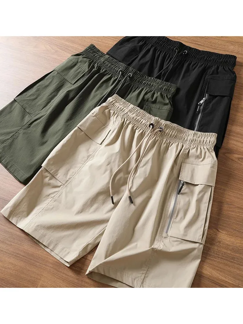 

Summer Men's Casual Dstring Waist Trousers ort Pants Elastic Fabric Weaving Proc Basic Color Faionable Youth Sle