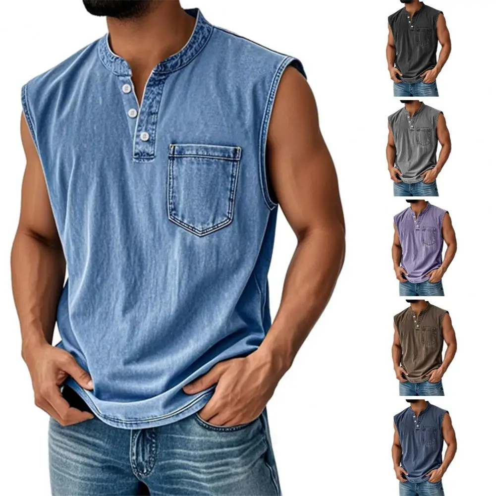 Men Tops Solid Color Sleeveless T-Shirts Round Neck Buttons Half Placket Tee Vest Camisole Casual Tank Tops Male Summer Clothes