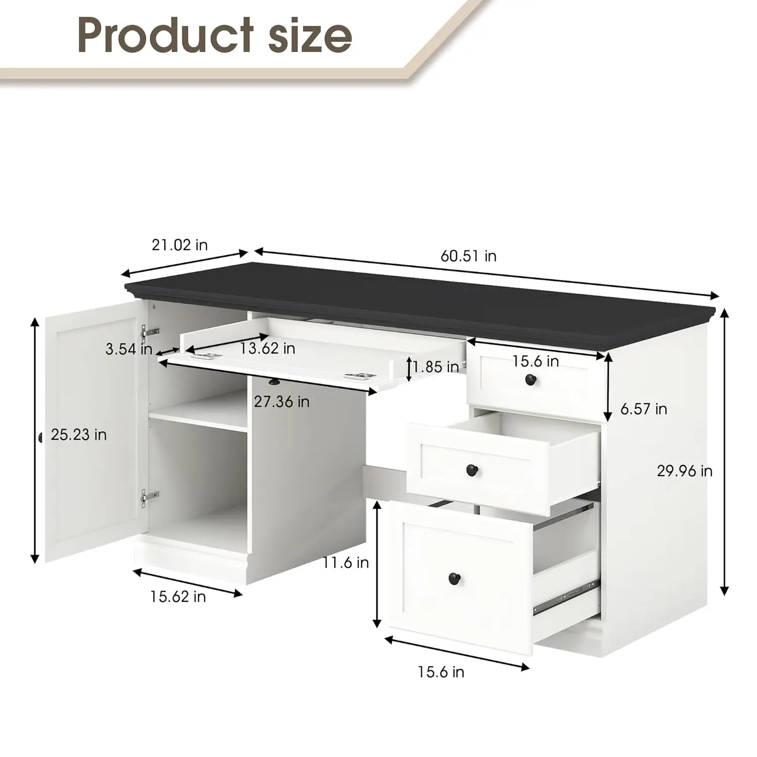 #60.5in Executive Desk File Drawer Keyboard Tray Cabinet Farmhouse Wood Writing Desk Home Study White Customized