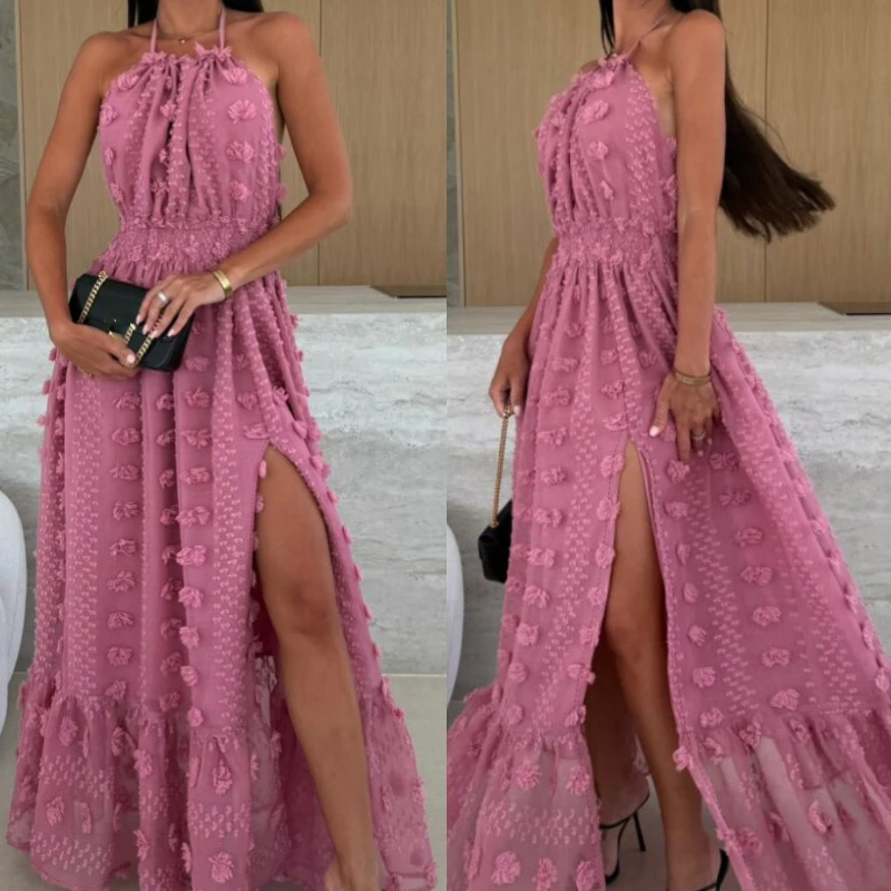 Summer Women Sexy Split Backless Long Dress New Fashion Jacquard Waist Holiday Dress Elegant Halter Sleeveless Solid Party Dress