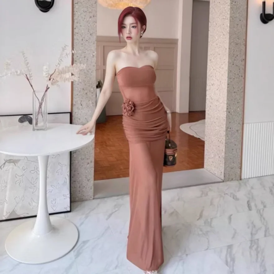 

2026 New Summer Women's Mesh Sleeveless Tube Maxi Dress Beach Vacation Style Slim Waist Hip Wrap Long Dress Elegant Casual Party