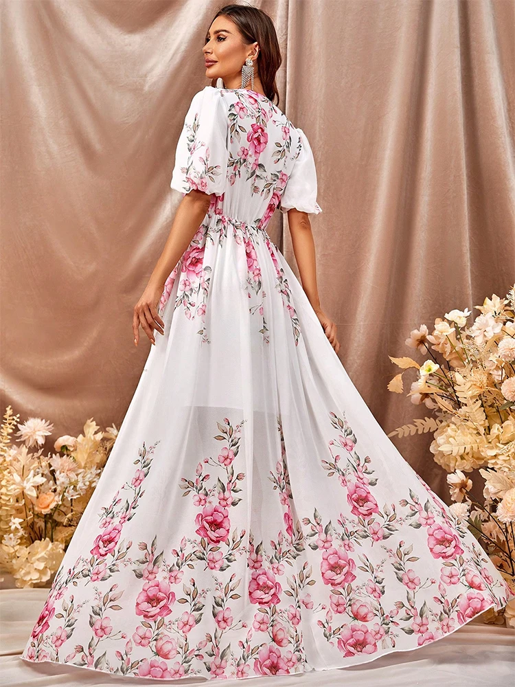 TOLEEN Women Floor-Length Dresses Floral skirt women's elegant dress round neck high waist pleated extra long dress