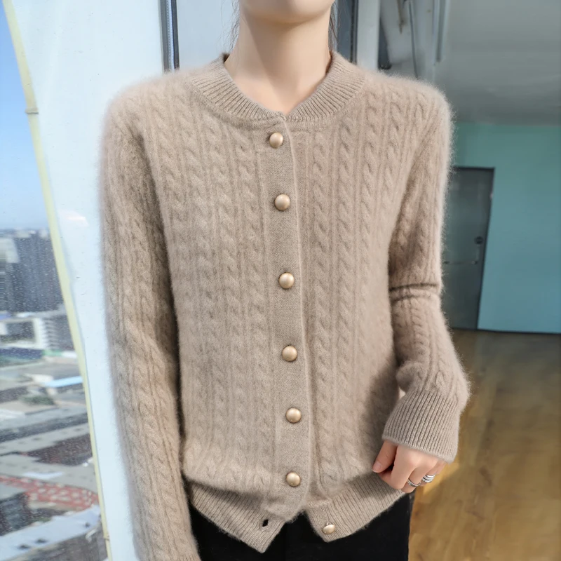 2024 autumn and winter new women\'s 100% merino wool cardigan O-neck thick solid color casual fashion cashmere sweater top.