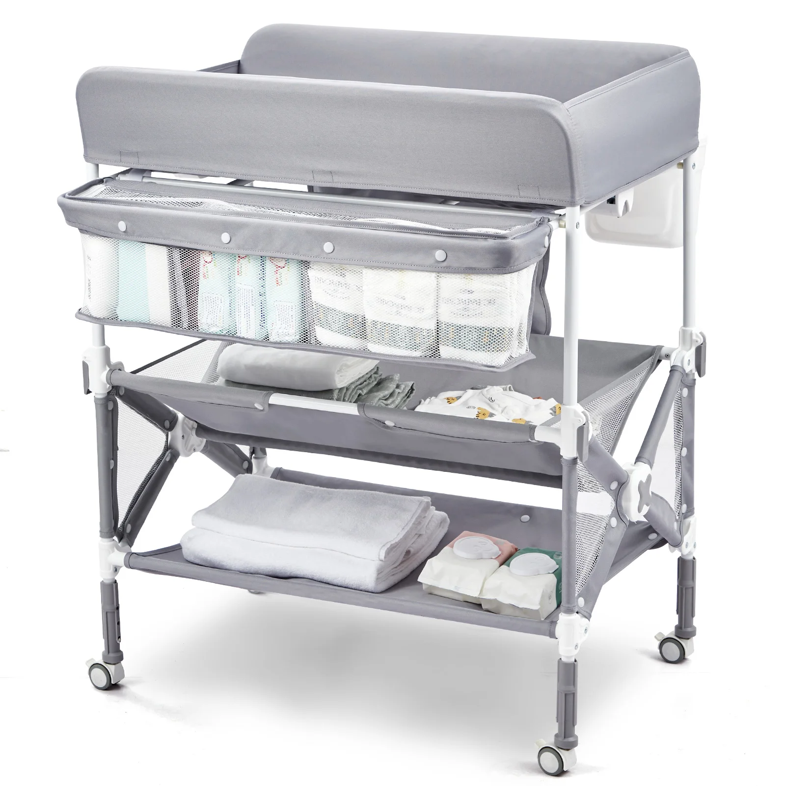 Portable baby diaper changing station, foldable diaper changing station with wheels, adjustable height, large storage rack