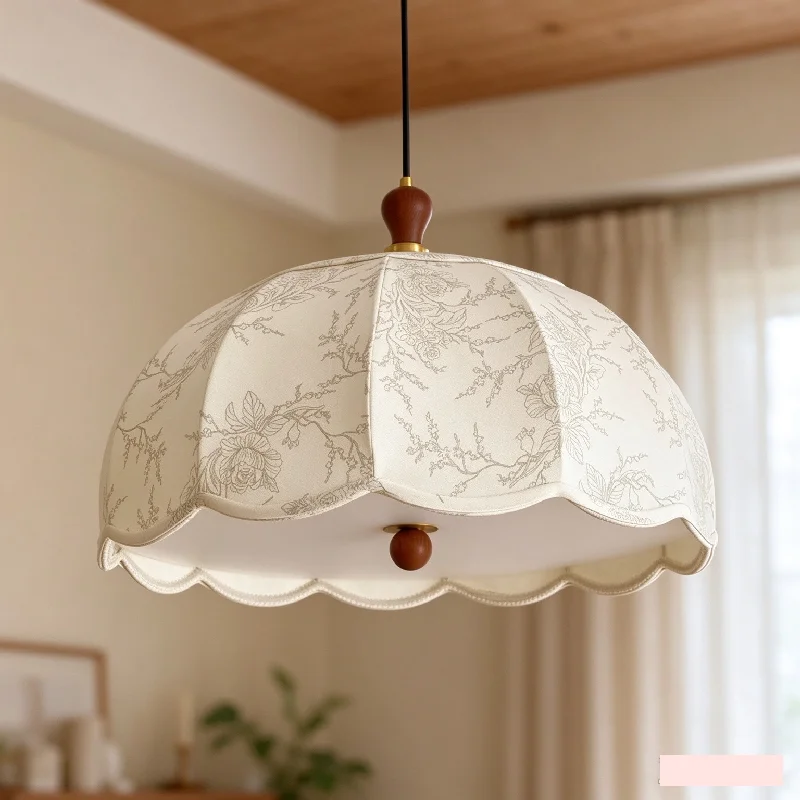 Vintage Wabi Sabi Pendant Light American Floral Pattern Fabric Shade Solid Wood Chandelier for Living Dining Bedroom