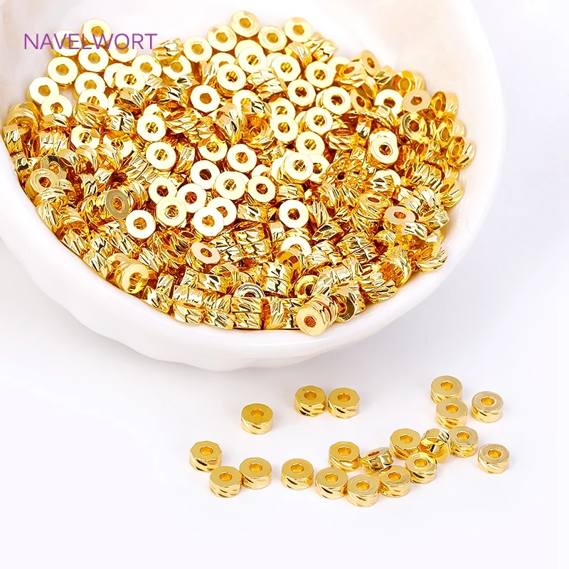 18K Gold Plated Brass Diagonal-Cut Beads Round Flat Spacer Beads For Jewelry Making DIY Beading Bracelet Necklace Findings