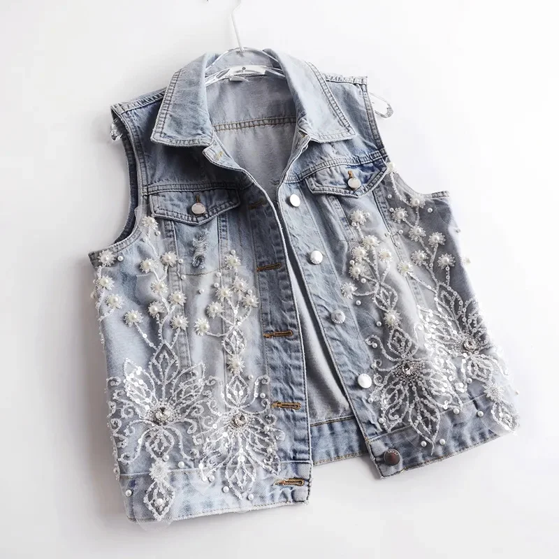 Women Denim Vest 2024 Pearls Fashion Ripped Autumn Jeans Jacket Sleeveless Loose Short Coat Causal Waistcoats Outwear Tops