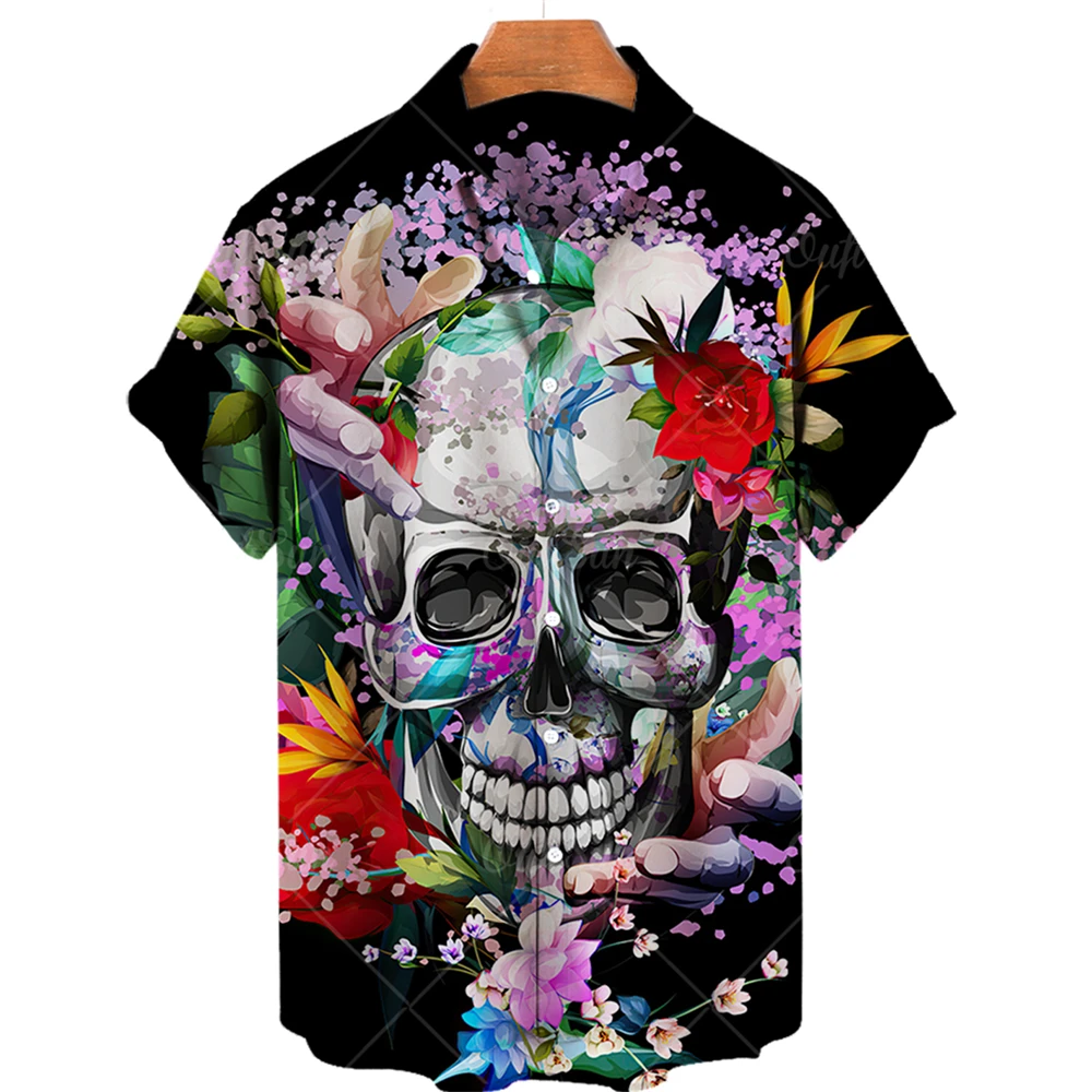 3D Printed Skull Hawaiian Floral Casual Shirts For Men Halloween Summer Short Sleeved Oversize Social Men's short sleeved shirt