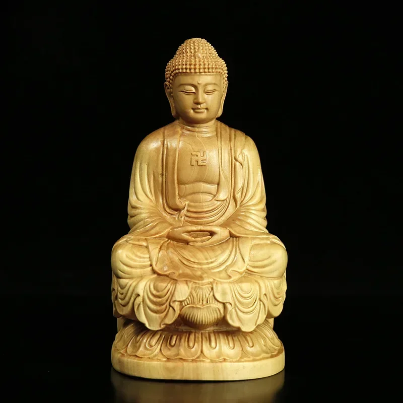 Boxwood Buddha Carving Sitting Lotus Amitabha Shakyamuni Rudra Figure Home Ornaments