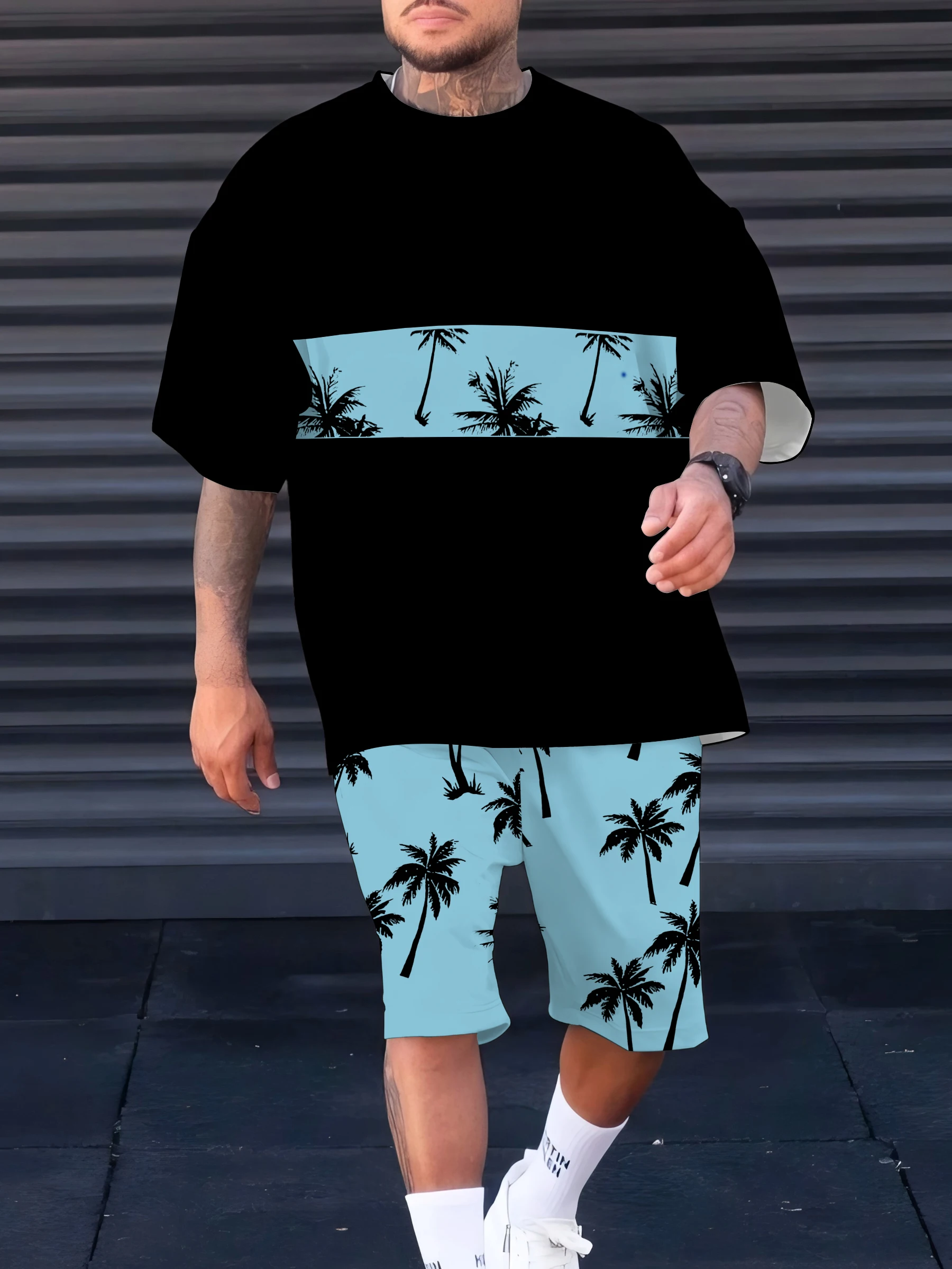 

Summer 2025 New men's suit with coconut tree print casual and fashionable polyester men's wear