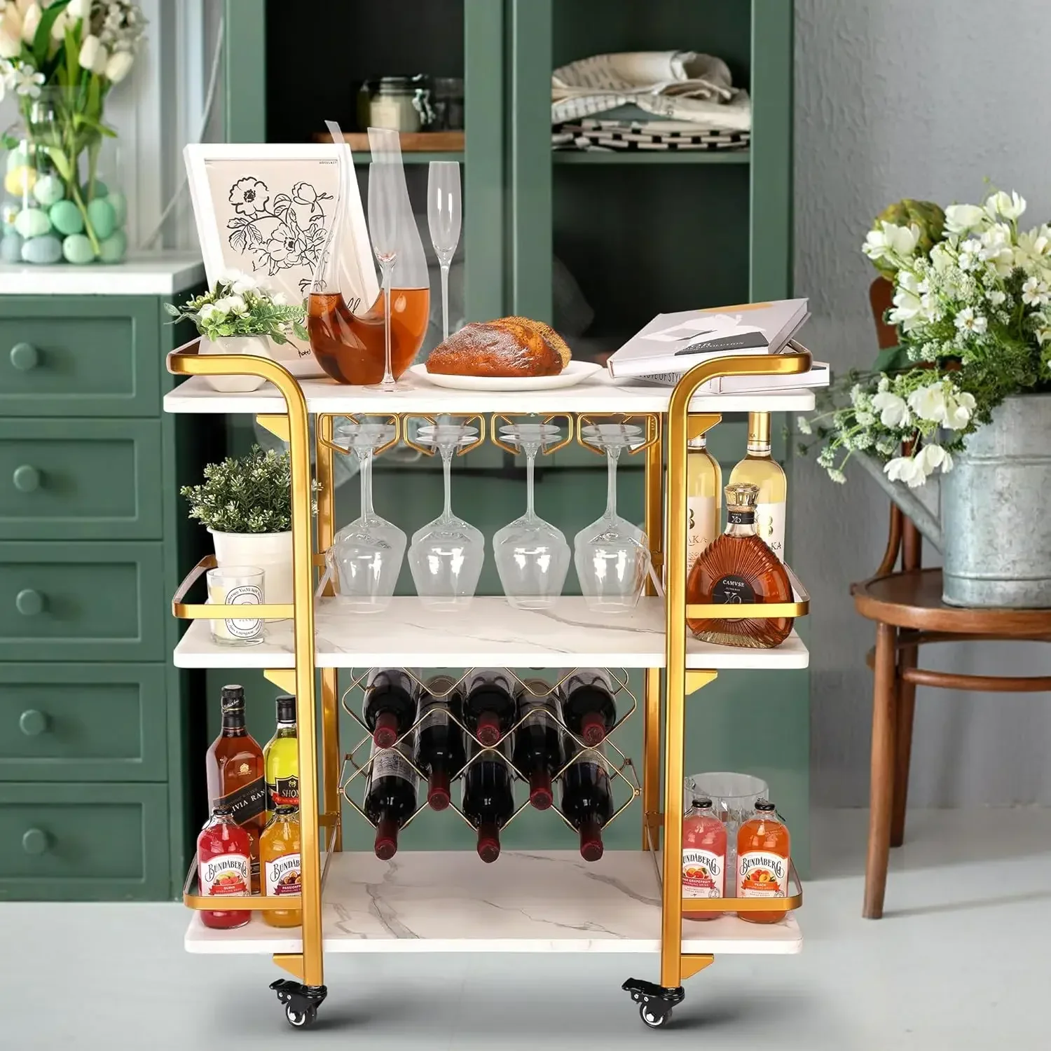 Jubao Gold Bar Cart with 3 Tiers for Stylish Storage, Home Bar Serving Cart with 4 Rows of Glass Holders & 8 Wine Racks