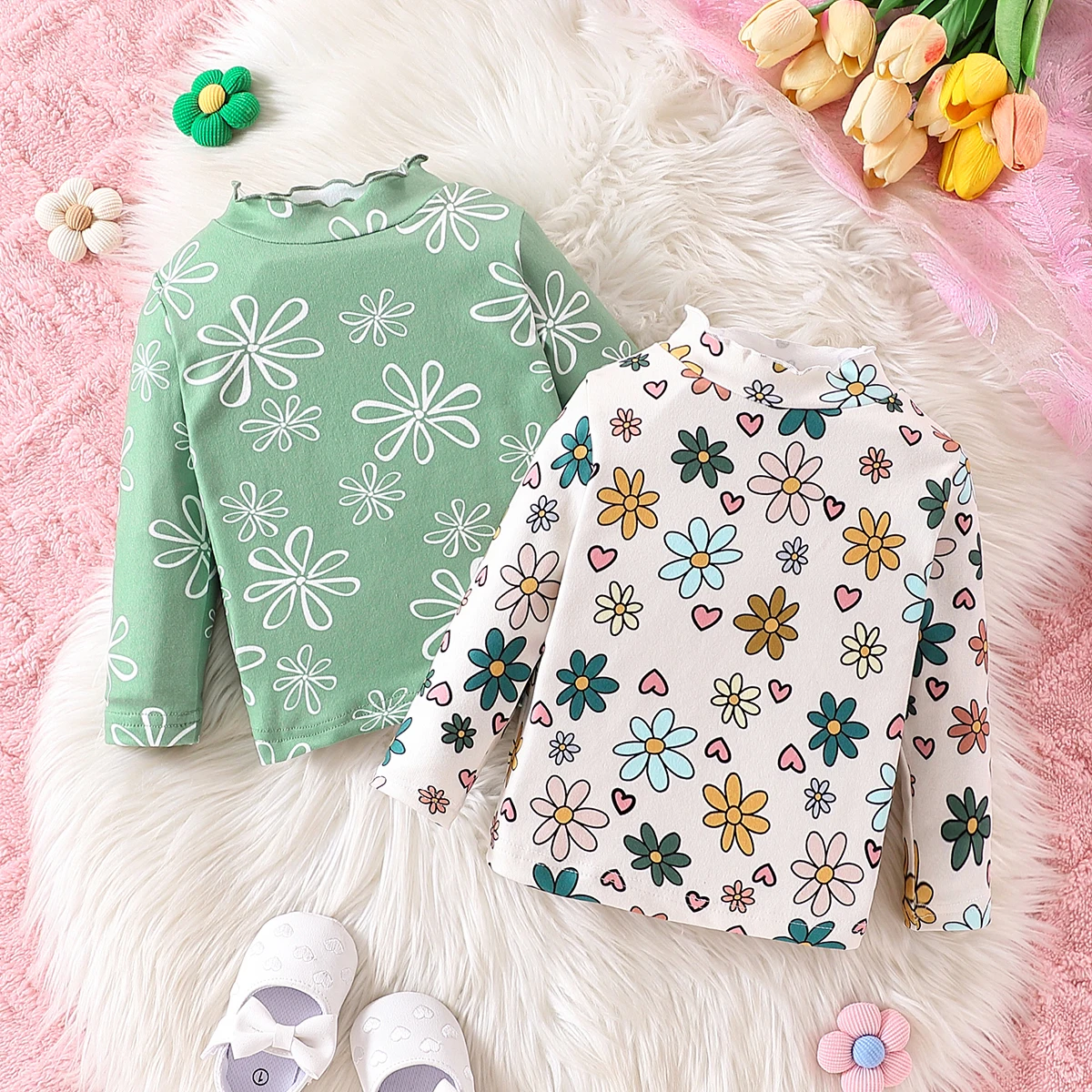 

2-piece set of fashionable and casual baby girl baby flower full print high bullet hole strip knitted fabric small high neck den