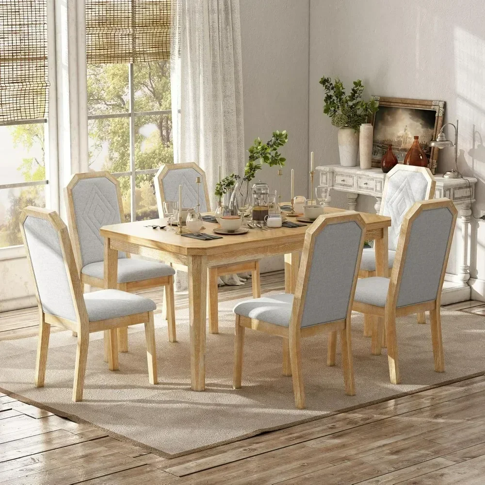 7 Pieces Dining Table Set, Wooden Rustic Table with 6 High-Back Tufted Chairs, Kitchen Dining Room Table Set for 6 People