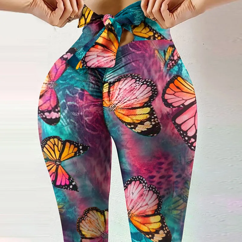 New fitness elastic sweat-absorbing digital-printed bow tie rope pants, tight-fitting leggings, slim