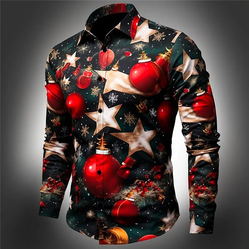 

New Men's Boutique Christmas Bell Print Shirt Men's Street Fashion Top Men's Sport Breathable Undershirt Men's Casual Cardigan