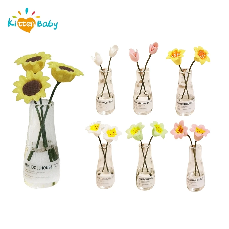 1:12/1:6 Dollhouse Miniature Flower Vase Floral Ornament Mini Sunflower Tulip Lily Flower Arrangement Vase Doll Accessories