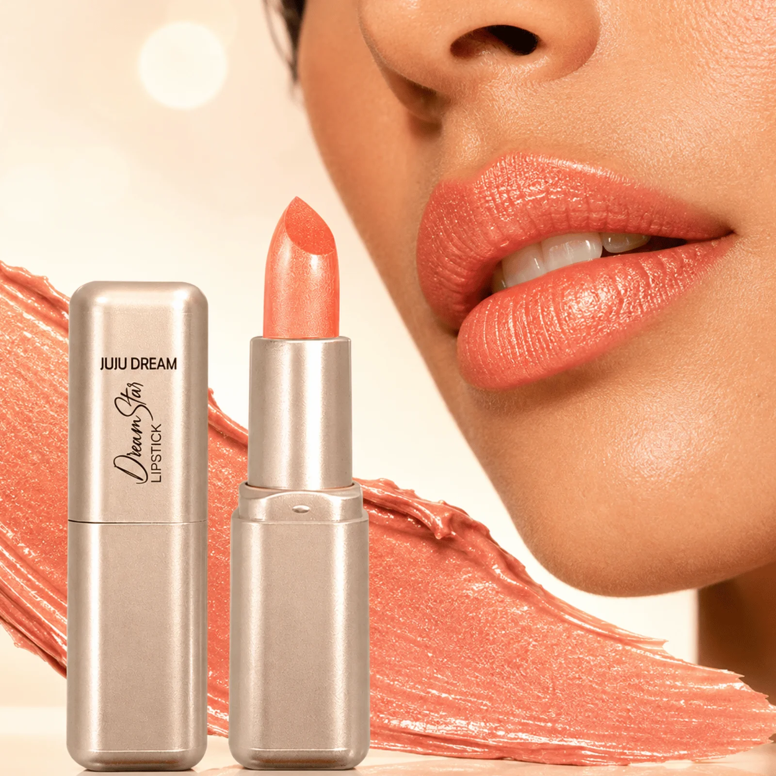 JUJU DREAM Dream Star Shimmer Lipstick Metallic Coral Orange Glitter Long Lasting Waterproof Moisturizing Lips Makeup