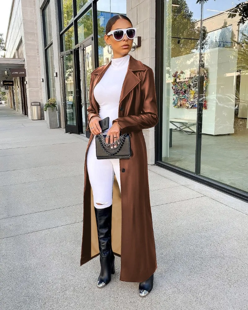 

KEXU Autumn Winter Women's Long Cardigan Coat Lapel Button Street PU Leather Jackets Outerwear