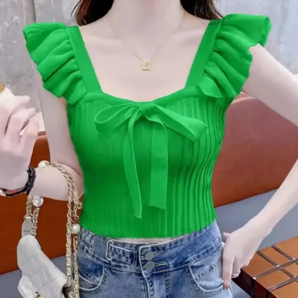 New Summer Ruffled Knitted Camisole Women Short Tank Top Summer Solid Square Neck Sleeveless Bow Elastic Waist Strap Top