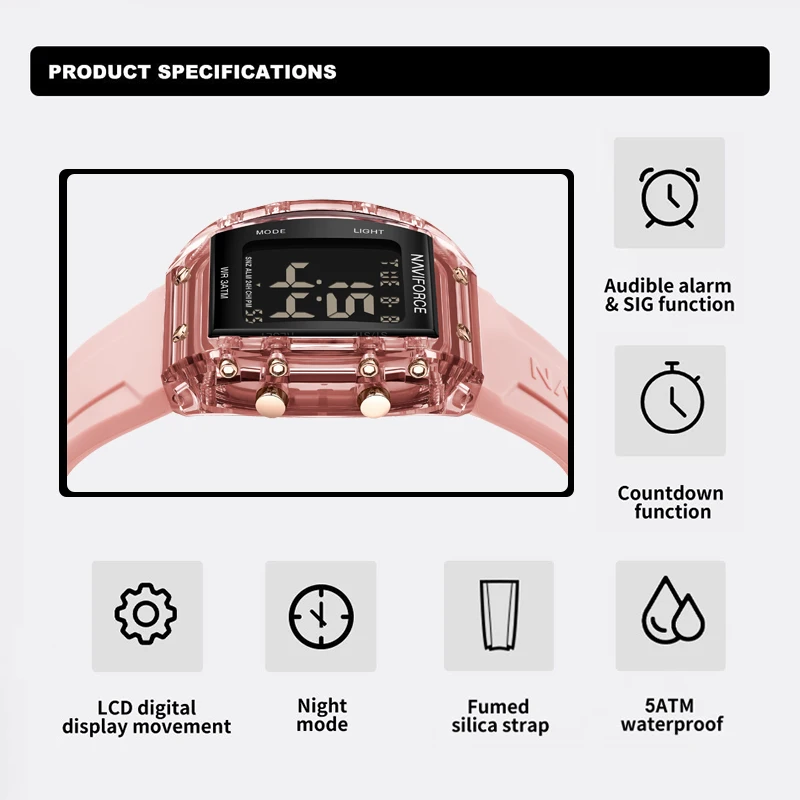 Relojes NAVIFORCE para mujer, movimiento Digital LCD, reloj femenino, tendencia salvaje, correa de silicona resistente al agua, relojes de pulsera electrónicos deportivos