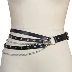 Women Waist Belt Chain Fashion Gothic Punk Metal Circle Ring Design Silver Pin Buckle Leather Black Waistband Jeans Waist Belts