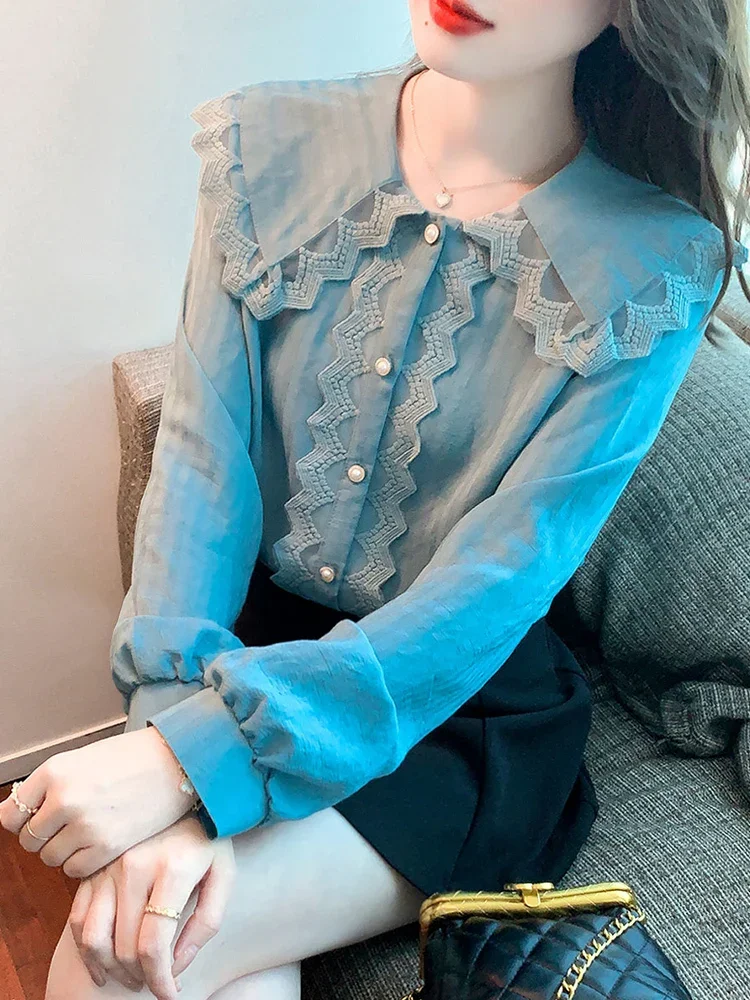 Spring Autumn 2023 Sweet Elegan Peter Pan Collar Single Breasted Women Hollow Out Ruffles Blouses Office Lady Tops L177