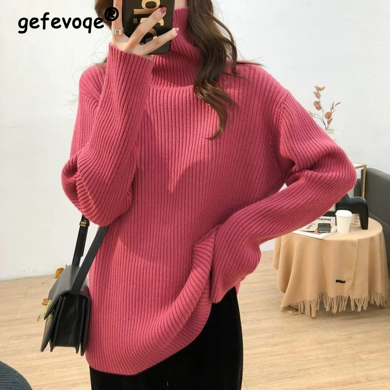Herbst Winter Koreanische Einfache Rollkragen Alle Spiel Rippe Stricken Pullover Frauen Beiläufige Feste Lose Lange Hülse Grundlegende Weibliche Top