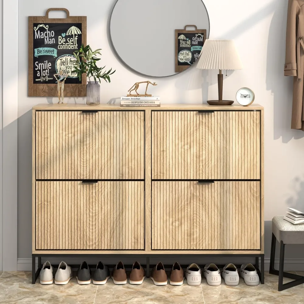 

Shoe Cabinet Storage for Entryway Slim Modern Shoe Rack Cabinet with 4 Flip Drawers Tipping Wooden Narrow Shoe Cabinet