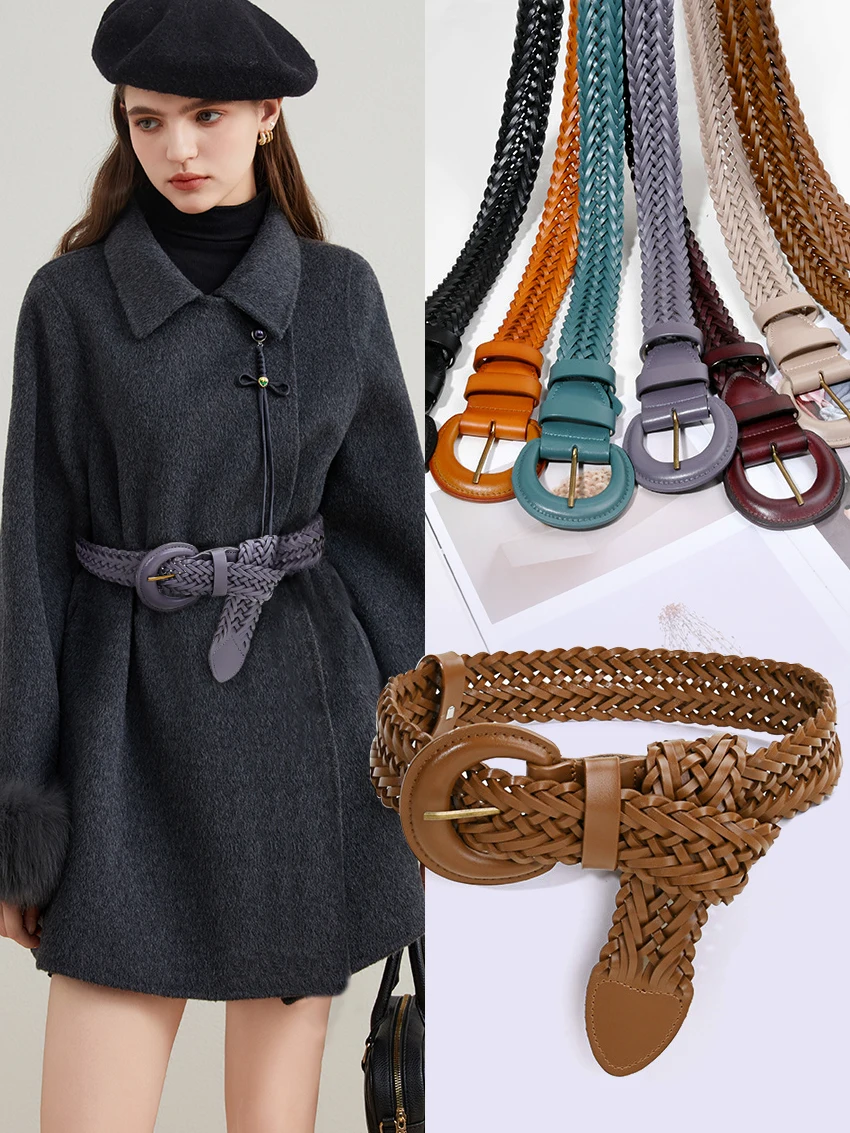 エレガントカジュアルレディースワイドウエストベルト-穴あけ不要-編み込み本革牛革製-新作2026-ドレスベルト-ウエストシンチングベルト