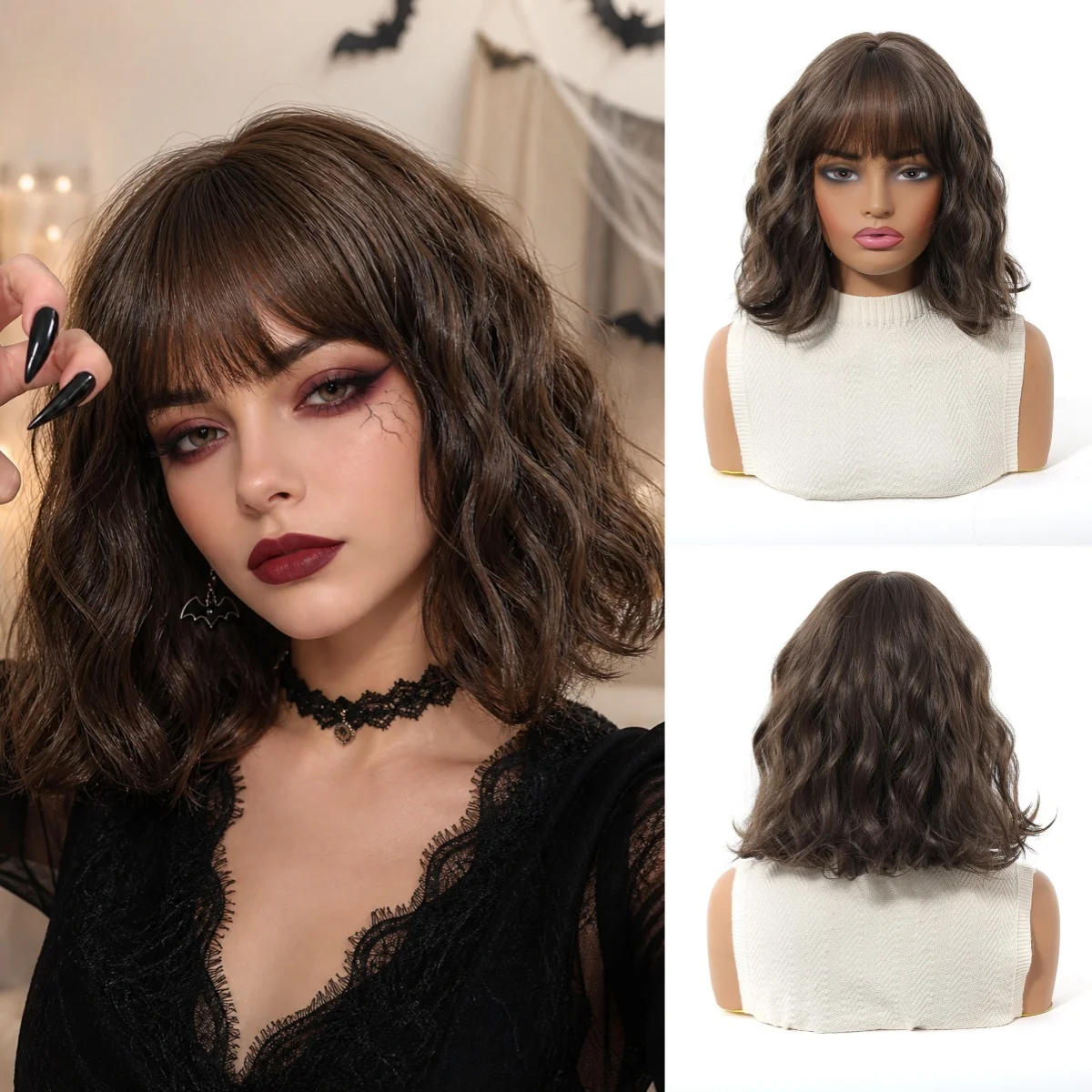 Dark Brown Short Wavy Bob Wig with Bangs 12 Inch Heat Resistant Synthetic Fiber for Women Halloween Cosplay Costume Party