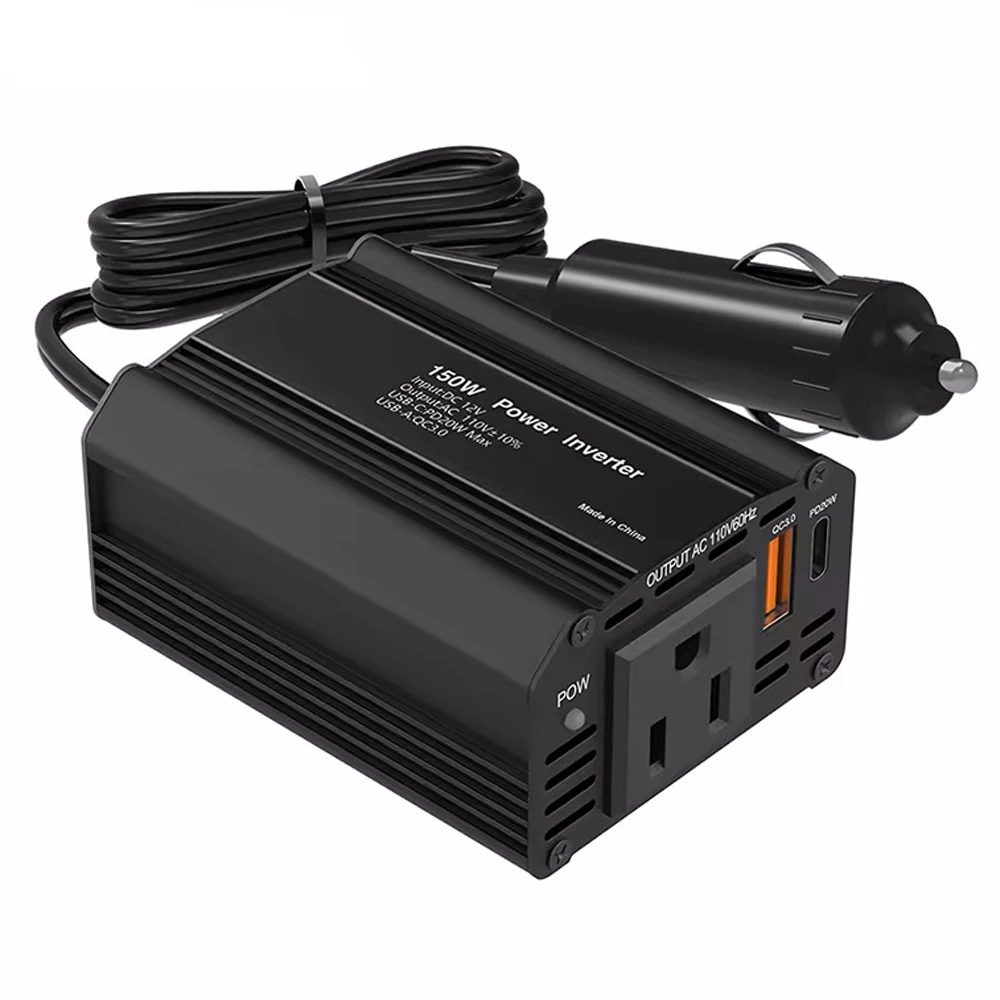 150W Car Charger DC 12V To AC 110V Portable Car Inverter with Fast Charging Port Power Inverter US Socket for Outdoor Camping