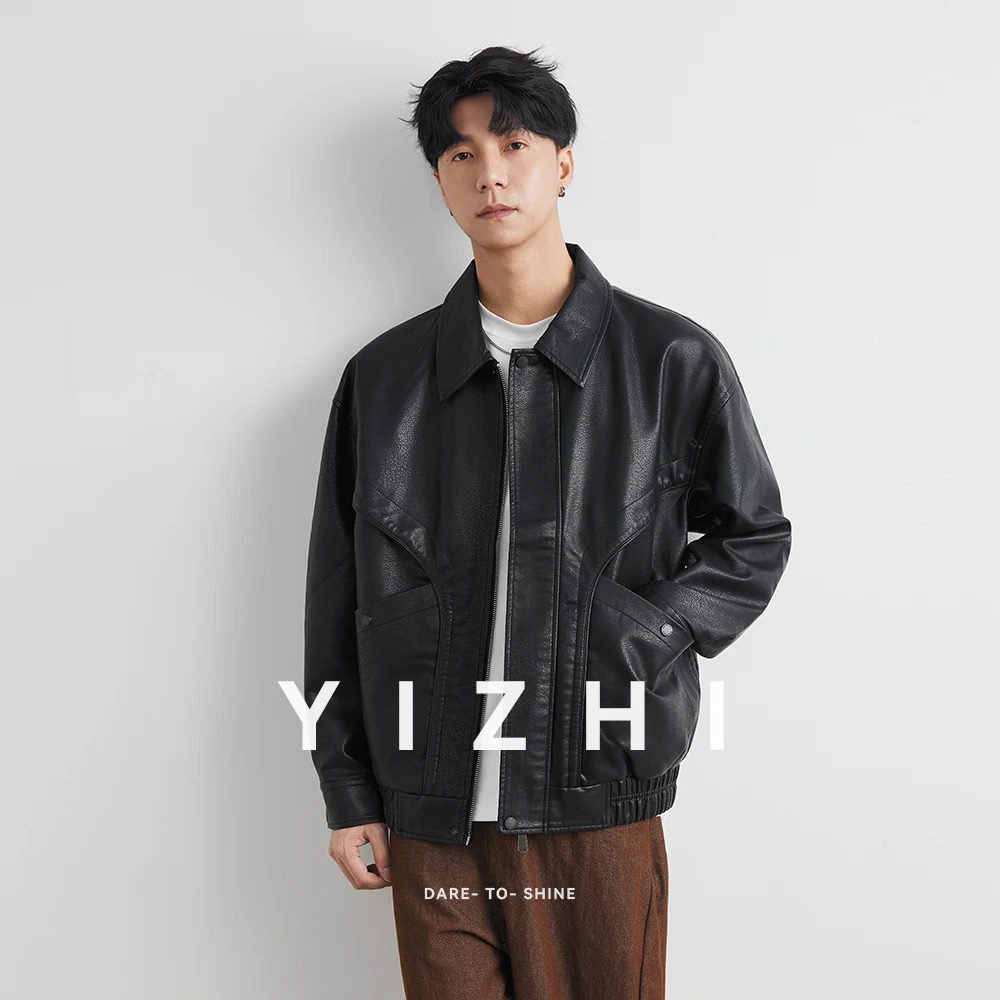 Vestes en cuir PU pour hommes, tendance, classique, couleur unie, jambe droite, décontractée, revers, manteaux sociaux polyvalents, hauts Streetwear