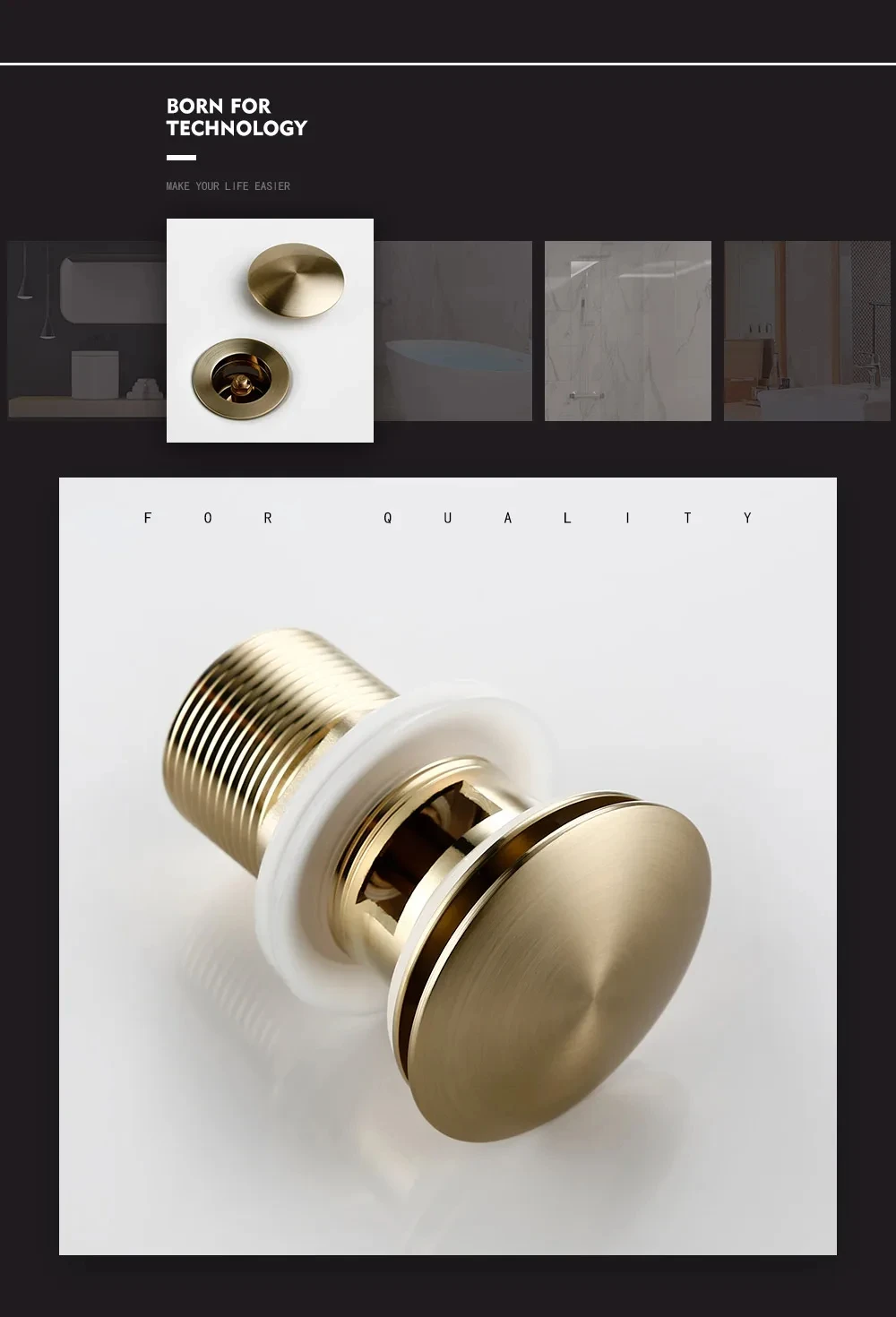 Bathroom Sink Drain Wash Basin Drainer Waste Pipe Sink Plug Pop-Up Button Luxury Brush Gold Brass Material Matt Black Rose