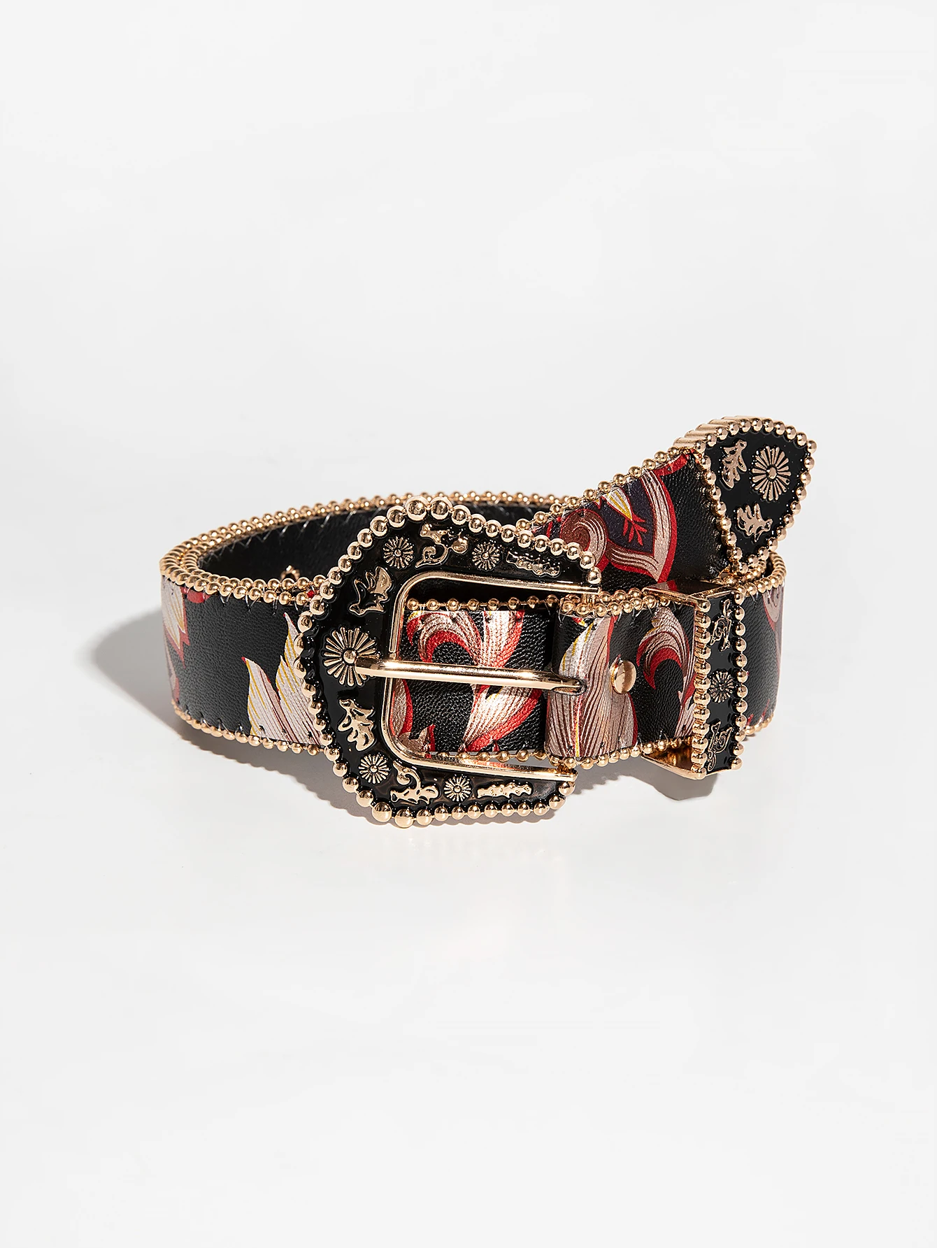 1 قطعة النمط الغربي خمر المرأة مشبك معدني أسود غير المتكافئة الأزهار المطرزة وحزام جلد محفور ، مناسبة للعارضة #5