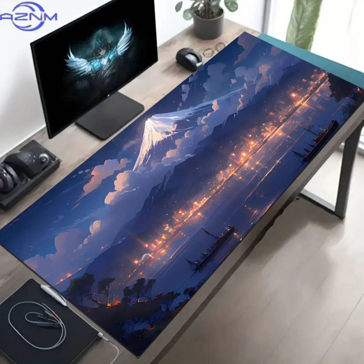 Anime Mount Fuji Night Scene Large Mouse Pad, Japanese Lake City Lights Scenery Print Waterproof Anti-Fade Office Desk Mat
