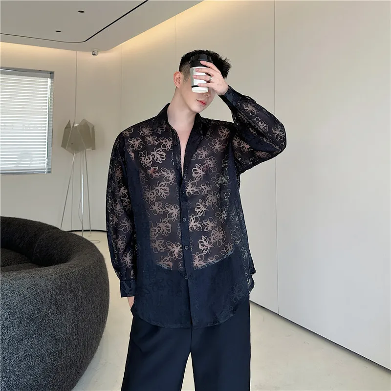 Y2K Half transparent shirt men Summer New Trendy Sexy Lace See Through Shirt Street Performance Stage Star Loose Casual Blouse