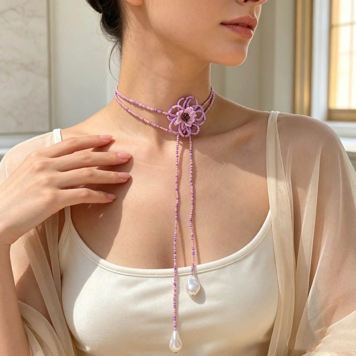 Böhmische handgefertigte Halskette mit gewebten Reisperlen und Blumenmuster für Damen, barocke Kunstperlen-Quastenkette, lange Pulloverkette, Schmuckstück – Detail 10