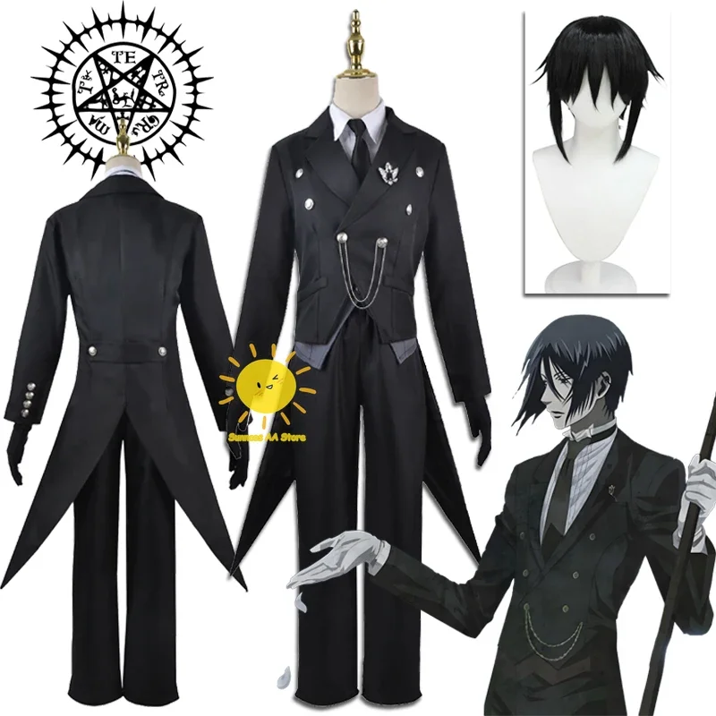 Anime Sebastian Cosplay Michaelis Costumes Black Butler Cosplay Black Full Suit Vest Wig Sebastian Halloween Party Cos Adult Men