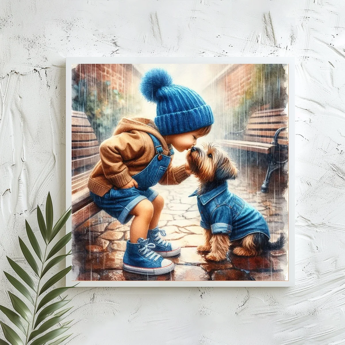 1 Stück 40x40 cm/15,74 Zoll, 11Ct/14Ct Kreuzstich-Set, DIY Valentinstagsgeschenk, Stickerei-Set für Festlichkeiten, Junge, der einen Küssenden Welpen im Regen betrachtet – Detail 2
