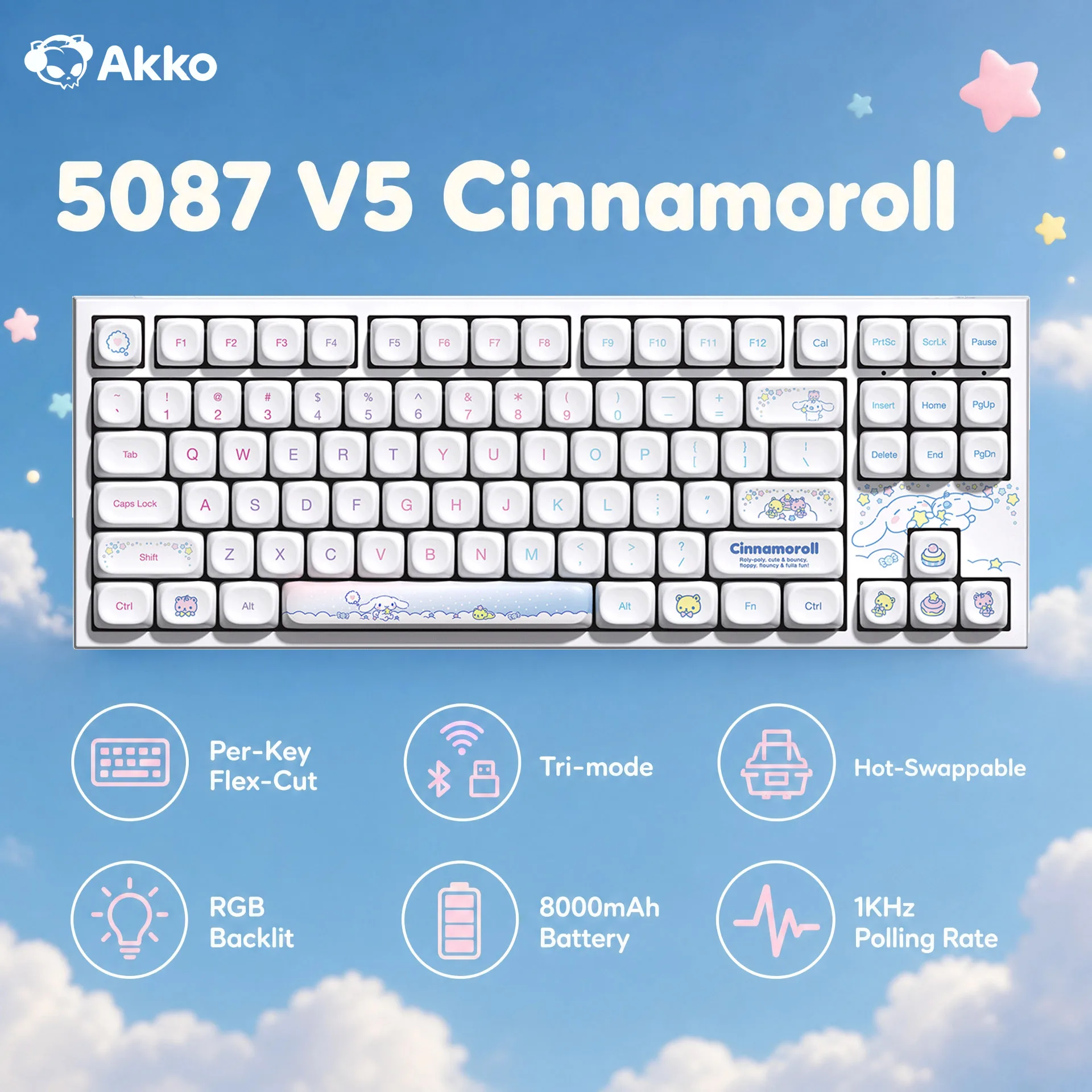 Akko 5087 V5 シナモロール メカニカルキーボード 80% TKL レイアウト ARGB 各キー個別LED制御 フレックスカット ホットスワップ対応 ワイヤレス ゲーミングキーボード ガスケット