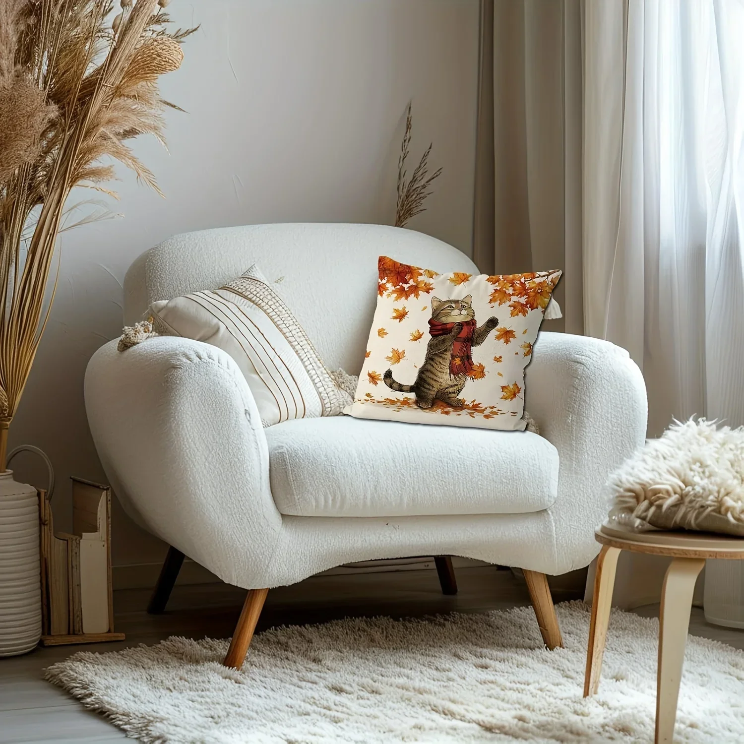 1pc Autumn Cat With Red Scarf And Maple Leaves Cushion Cover Beige Printed Pillowcase For Sofa Bedroom Home Decor Soft Removable