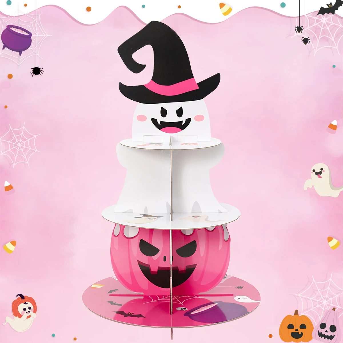 Halloween Cake Stand Pink Pumpkin Ghost Pattern 3 Tier Cupcake Stand Dessert Display Holder for Halloween Party Decorations 2024