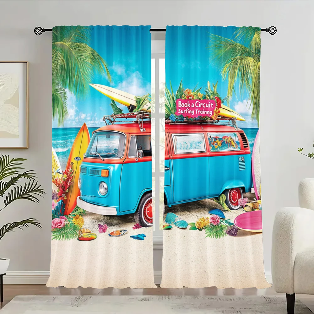 2Pcs Summer Hawaiian Beach Curtains Blue Bus Travel Camping Surfboard Curtain Tropical Flower Seaside Bus Curtains