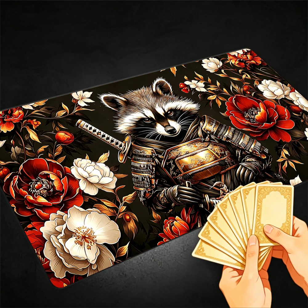 Mysterious Raccoon Warrior TCG Playmat Magic Playmat Gathering Gaming Mat with Stitched Edge Anti-slip base Trading Card Game