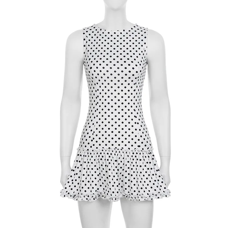 Ärmellose Kurze Dot Print Frauen Kleider Slim Fit Elegante Einfache Büro Dame Trendy Kleidung vestidos de tricô femenino