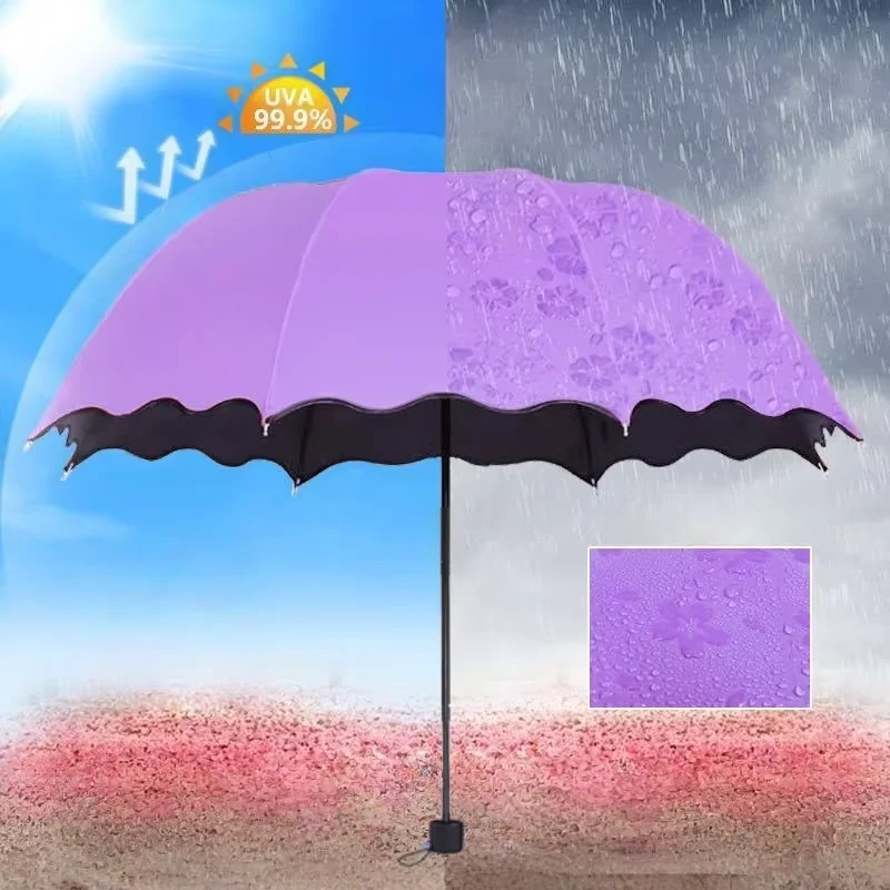 Umbrella Encountering Water Flowering 3-Fold Handheld Travel Umbrella UV Protection Portable Rain Umbrella with Parasol Frame