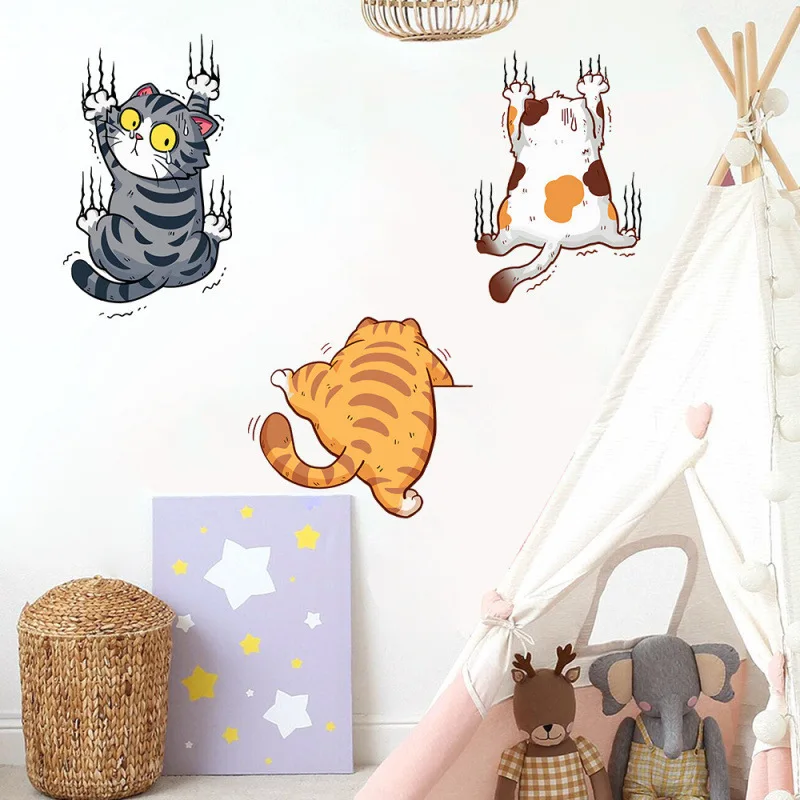 Cartoon Climbing Cat Lucky Cat Wall Stickers Funny Scratches Toilet Stickers Bathroom Living Room Decals Waterproof Home Decor