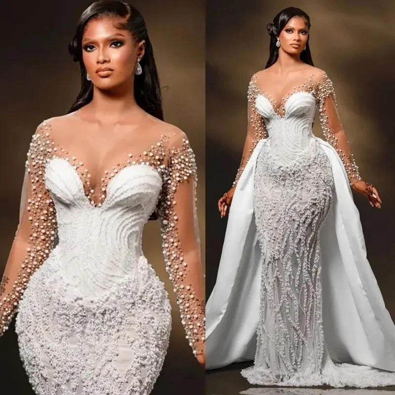 Vestido de novia africano personalizado, vestido de novia para novia, vestidos de novia de sirena, tren desmontable, mangas largas transparentes, perlas